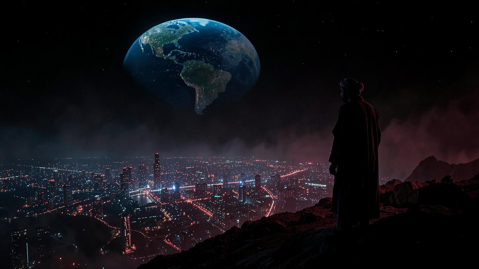 A lone figure overlooking a futuristic city beneath Earth