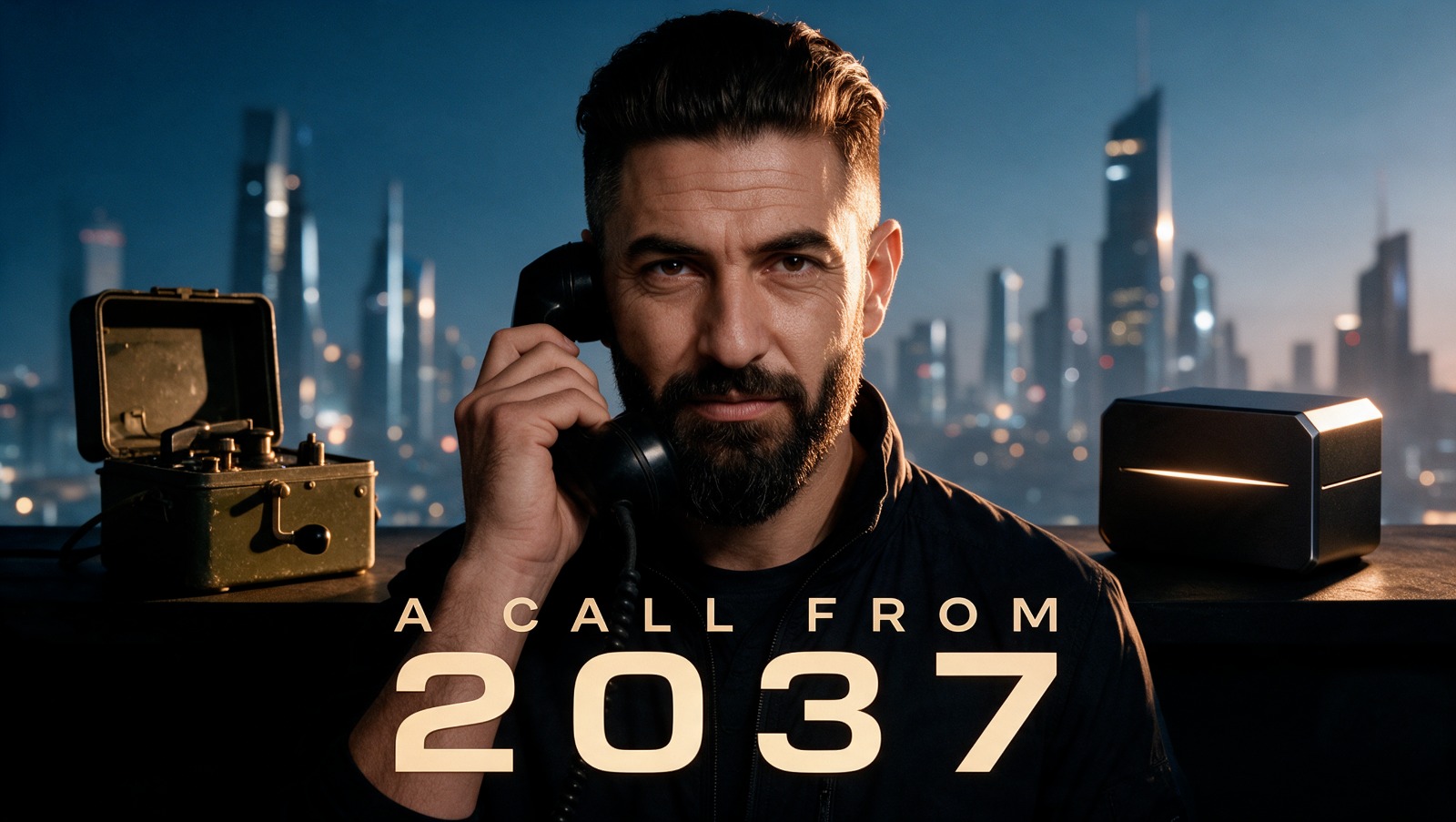 A cinematic poster: a person receiving a call from the year 2037